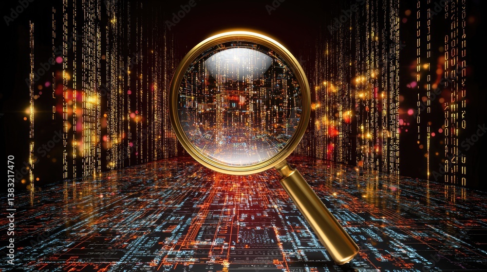 Poster cybersecurity concept with a magnifying glass over data, surrounded by glowing analytics.