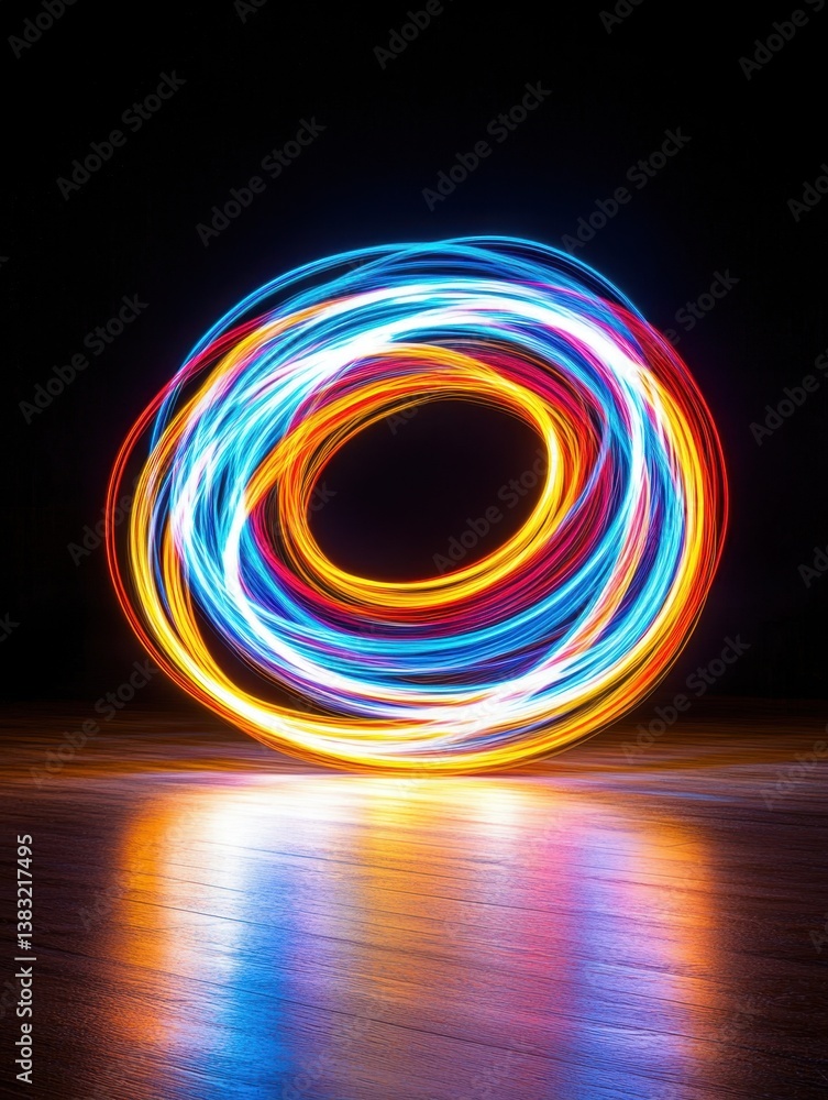 Poster dynamic light painting with vibrant colors on reflective surface creating a mesmerizing abstract des