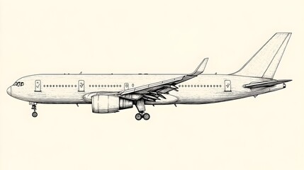 Detailed hand-drawn illustration of a modern passenger jet airplane in profile view perfect for aviation industry publications and travel related