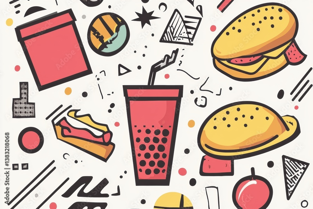 Poster Colorful Memphis-style pop-art background with floating abstract food shapes and bold geometric elements