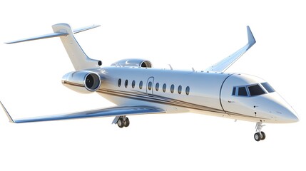 Fototapeta premium A luxurious silver and gold private jet airplane is shown in flight against a clean white background perfect for travel and luxury business concepts.