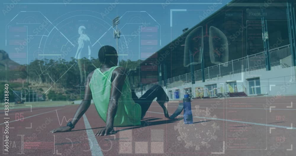 Poster athlete resting on track with digital health data overlay animation