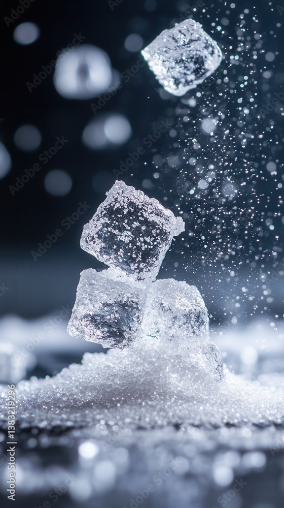 Poster captivating still life of sugar cubes falling onto a pile of sugar granules against a dark backgroun