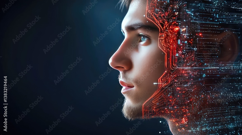 Aufkleber futuristic scene of a man interacting with artificial intelligence, emerging from a screen.