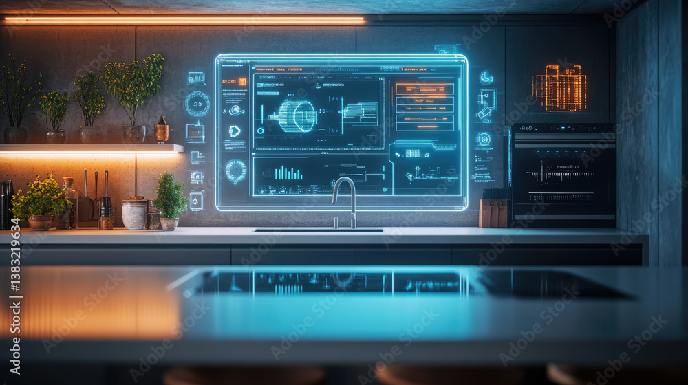 Poster futuristic smart kitchen with advanced holographic interface, touch screen controls, and high-tech d