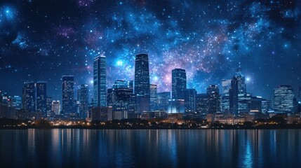 City skyline overlaid with data constellations, abstract representation of business intelligence under a cosmic night sky