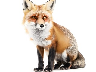 A majestic red fox sits attentively against a pure white background showcasing its vibrant fur and striking amber eyes.
