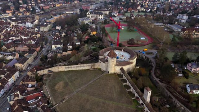 Fort Munot, Schaffhausen, Switzerland aerial view in winter warm weather at dawn. Munot ist Zirkularfestung im Zentrum schweizerischen Stadt Schaffhausen auf Emmersberg in der Schweiz Luftaufnahme. 