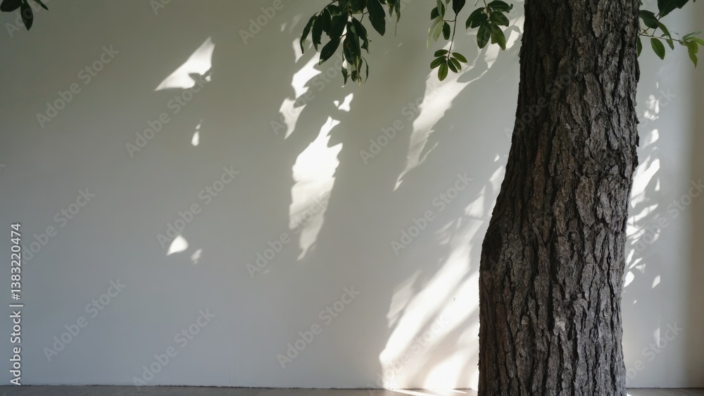 Poster a tree stands in front of a plain white wall, with no additional features or context