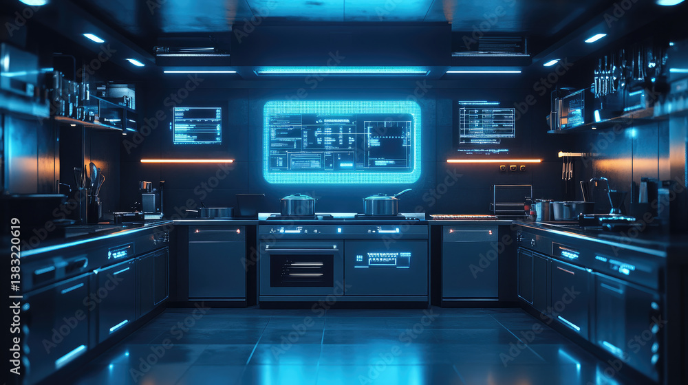 Poster futuristic smart kitchen with advanced holographic interface, touch screen controls, and high-tech d