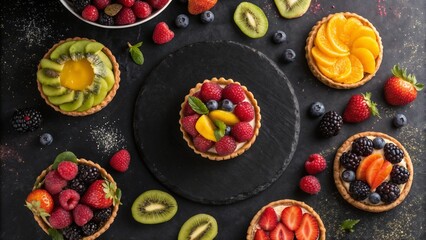  Assorted fruit tarts with berries and kiwi on dark background
