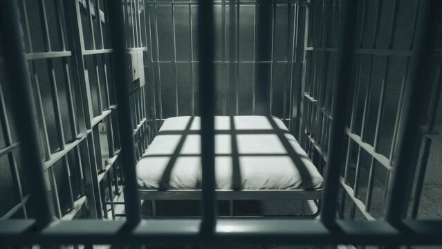 A prison cell with a single bed inside