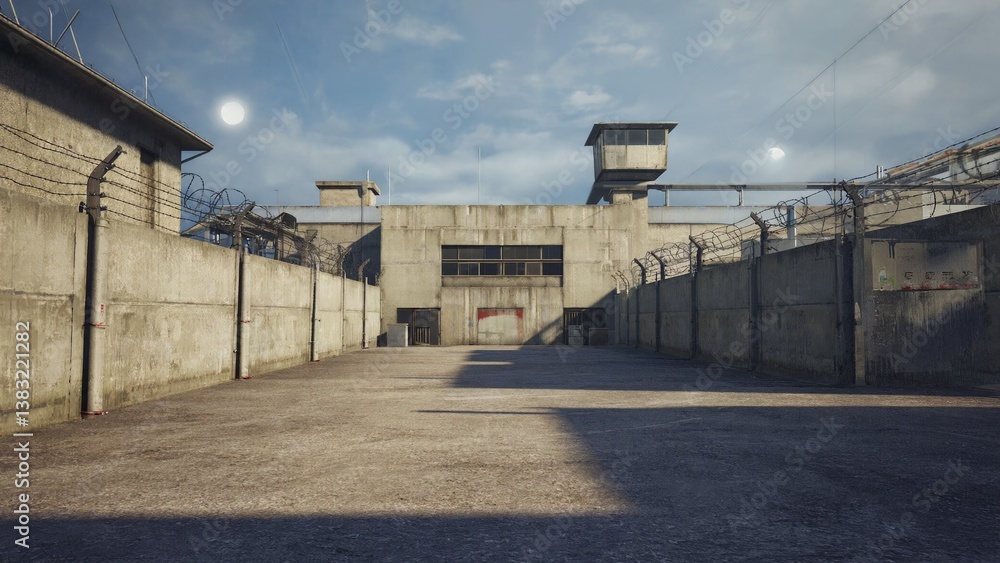 Poster a concrete structure with barbed wire on top, potentially used in various settings such as security 