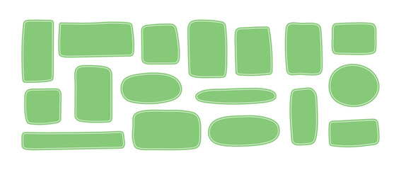 Hand-drawn green pastel colored doodle shapes. Set of empty textbox frames, freehand simple forms, irregular template background.