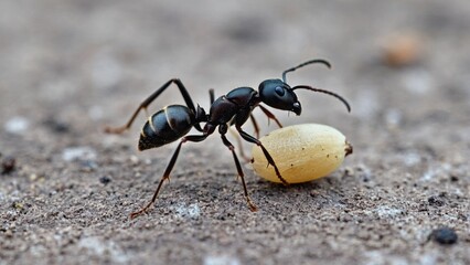 A single black ant stands on the surface of a sandy ground