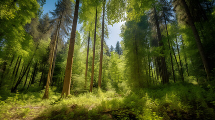 Fototapeta premium A Lush Green Forest With Tall Trees