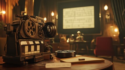 Classic movie scene with vintage film reels, a clapperboard, and an old-fashioned projector in a cinematic setting.