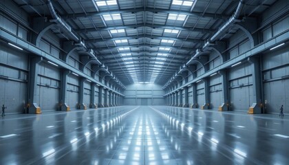 "Futuristic Industrial Warehouse Interior with Polished Reflective Floor and Modern Lighting"