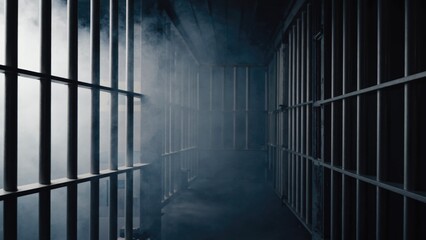 A dark and gloomy prison cell with smoke billowing out, evoking feelings of confinement and desperation