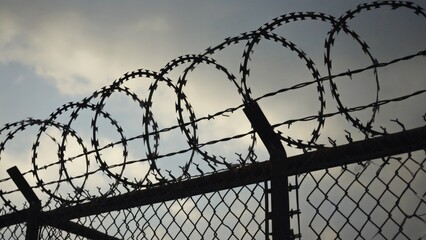 A close-up of a barbed wire fence with a clear blue sky in the background