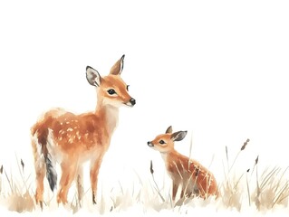 A watercolor painting of a mother deer and her fawn standing in tall grass on a white background.