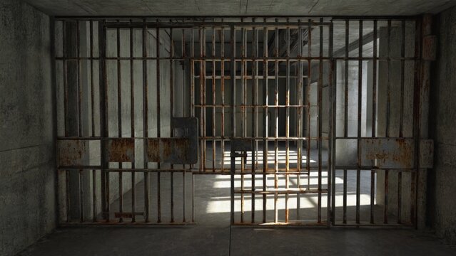 A prison cell with an open door in a building, potential for escape or freedom