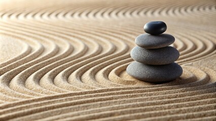 Zen Garden with Stacked Stones in Curved Sand Design