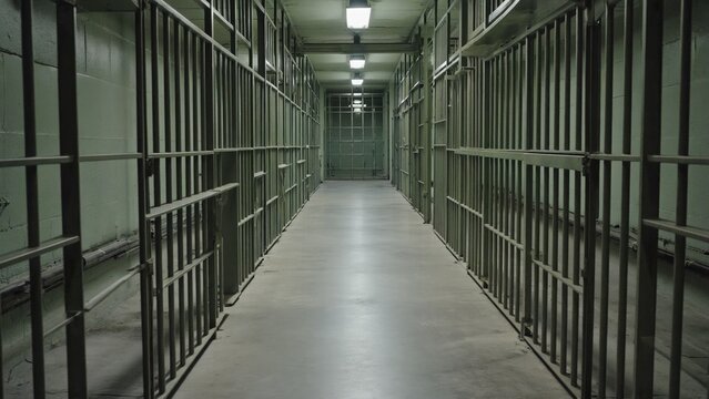 A long hallway inside a prison cell with gray walls and metal bars