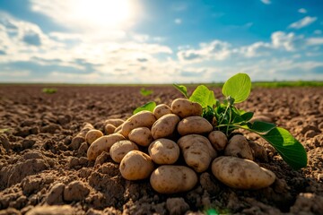 Freshly harvested potatoes resting on fertile soil in a sunny field