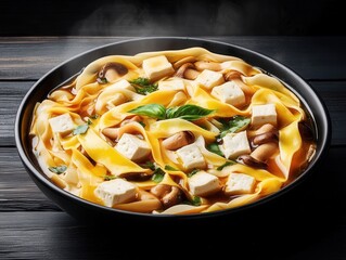 A steaming bowl of delicious Chinese hot and sour soup features tender tofu cubes, fresh mushrooms, and silky egg noodles in a rich flavorful broth perfect for a comforting meal.