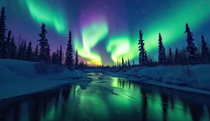Majestic aurora borealis over a tranquil winter river.  Reflecting lights paint the ice-covered river.  Coniferous trees stand silhouetted against the vibrant display of the northern lights