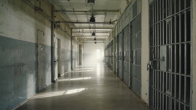 A row of prison cells with metal bars, often used for backgrounds or depicting confinement