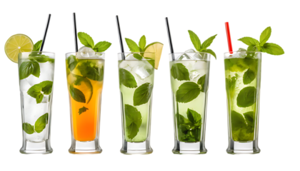 Different types of mojitos or cocktails in glass elegant drinks for any occasion