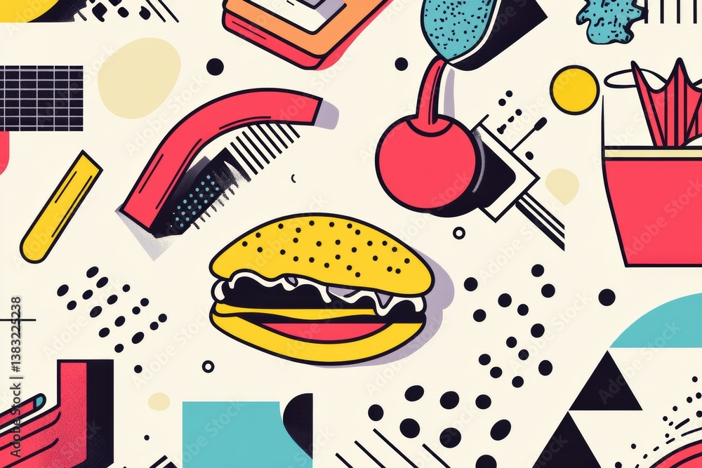 Poster Memphis style pop-art design featuring vibrant food shapes and colorful geometric elements in an abstract arrangement
