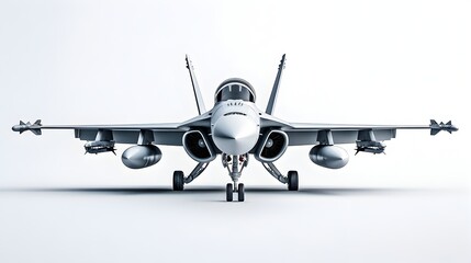 Fototapeta premium A sleek silver fighter jet, armed and ready for takeoff, sits on a bright white background, perfectly centered for impactful imagery.