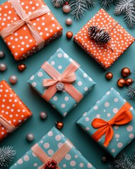 Obraz premium Festive holiday gifts with polka dot wrapping paper and ribbon bows on a teal background for christmas season