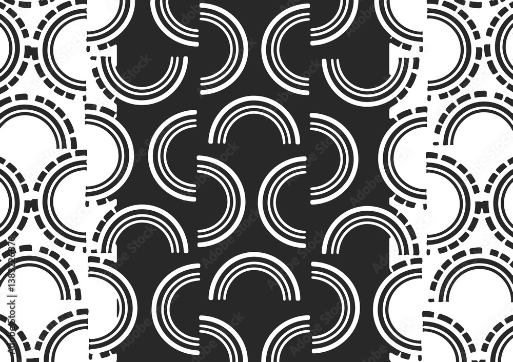 Poster illustration of abstract pattern of semicircle shape on black and white alternating pattern backgrou
