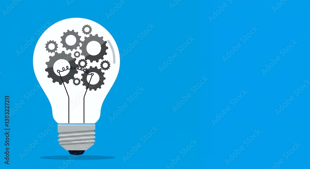 Poster lightbulb with gears inside illustrating thinking process and generating creative ideas on a blue ba