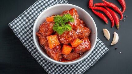 Delicious Sichuan Twice-Cooked Pork Hui Gu, a savory and spicy Chinese dish featu tender pork belly cubes simmered in a rich, reddish-brown sauce with garlic and chili peppers,