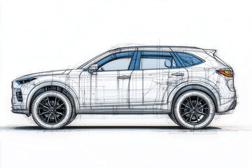 Fototapeta premium Blueprint of a white SUV highlighting its innovative design and features