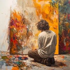 Pensive Artist Before His Paintings, Warm Tones, Inspiration for Creativity. 