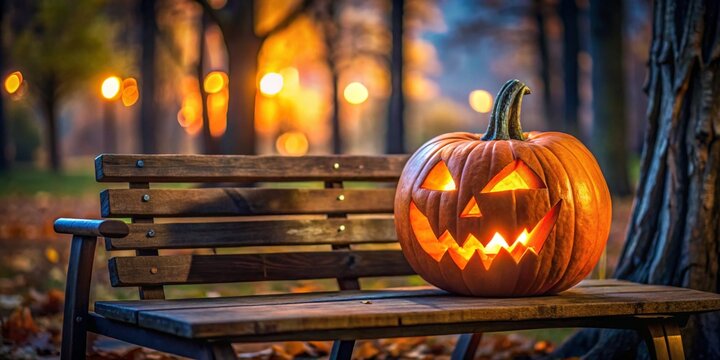 A scary spooky glowing carved halloween pumpkin lantern, Jack O' Lanterns, on the left of a wooden product display bench on a scary halloween night. 