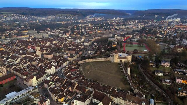 Fort Munot, Schaffhausen, Switzerland aerial view in winter warm weather at dawn. Munot ist Zirkularfestung im Zentrum schweizerischen Stadt Schaffhausen auf Emmersberg in der Schweiz Luftaufnahme. 