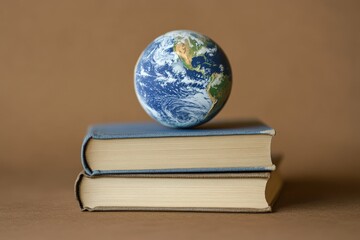 A globe sits upon two books on a plain brown background