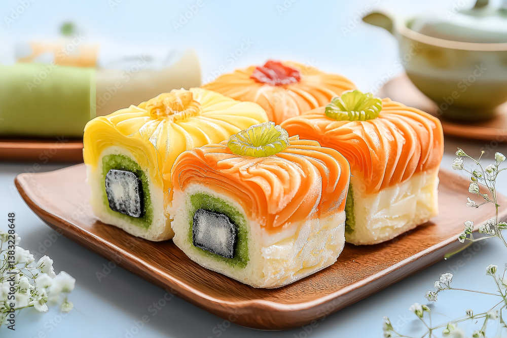 Poster plate of sushi rolls with different colors and toppings. the plate is on a wooden table with a cup a