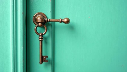 Rustic mint green door with bronze skeleton key hanging by twine , element, bronze