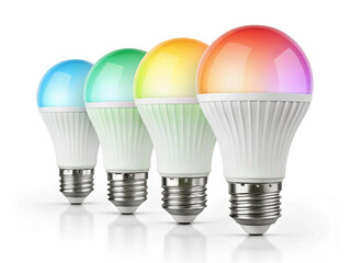 Multicolor LED light bulbs glowing in different hues, modern and futuristic design, isolated on a clean white background