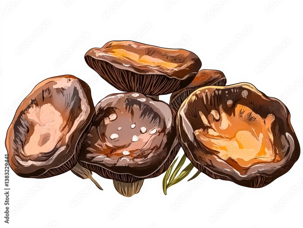 Poster drawing of mushrooms with a brownish color. the mushrooms are arranged in a row and are placed on a 