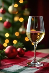White wine glass rests on festive table, Christmas tree backdrop , decoration, background