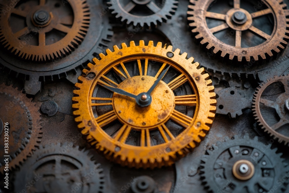 Aufkleber golden clock showing time while interacting with industrial gears